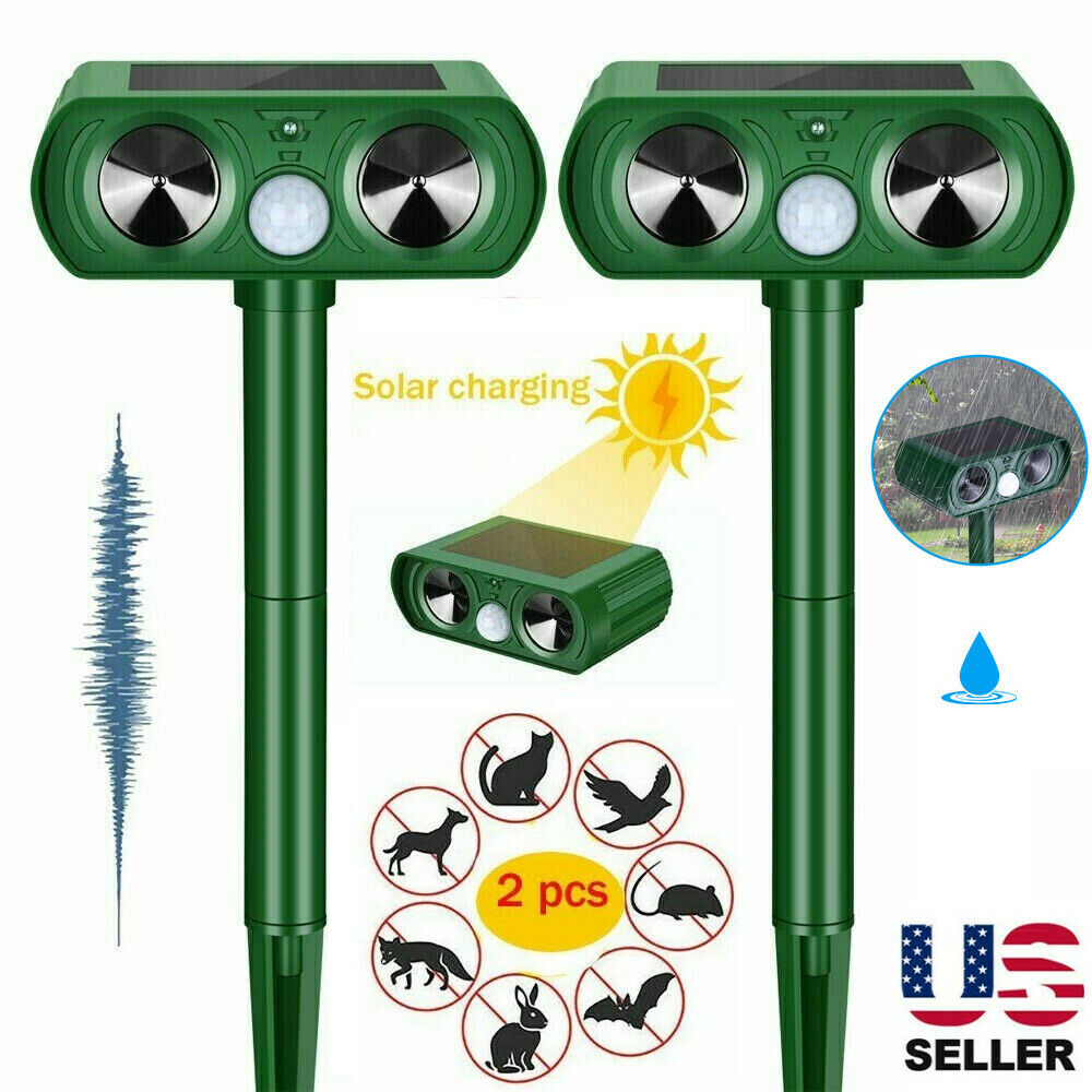 2 Pk Animal Repeller Ultrasonic Solar Power Outdoor Pest Cat Mice Deer Sensor